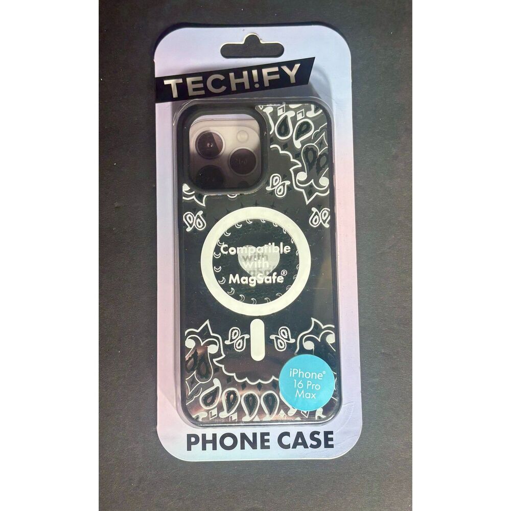 Tech!fy iPhone 16 Pro Max Case Black Paisley Bandana MagSafe Compatible New
